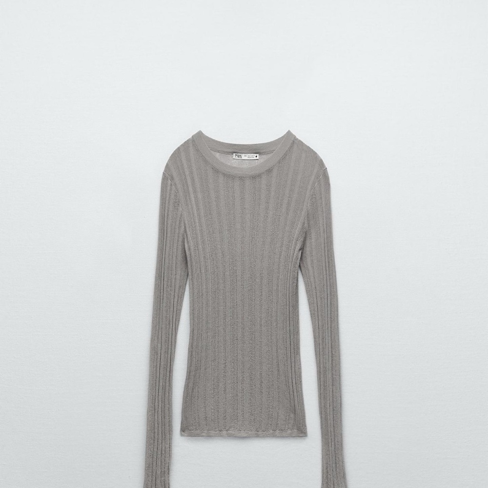 Gray Ribbed Long Sleeve sheer Top